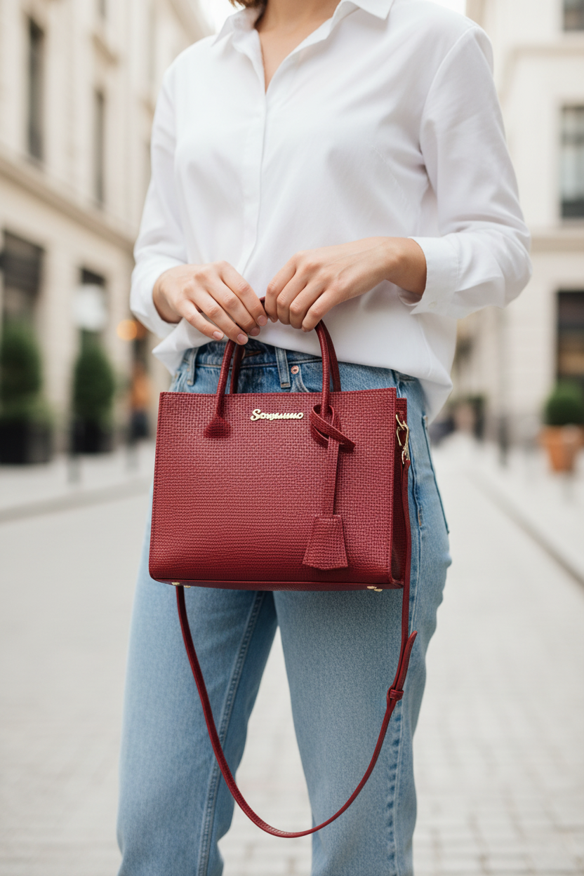 Burgundy red leather mini bag with double handle