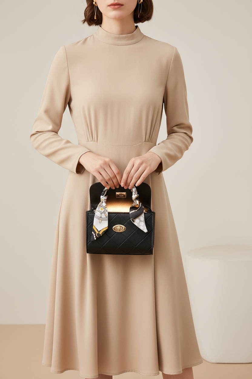Mini black embossed leather bag with decorative scarf