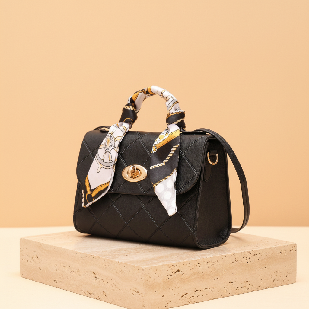 Mini black embossed leather bag with decorative scarf