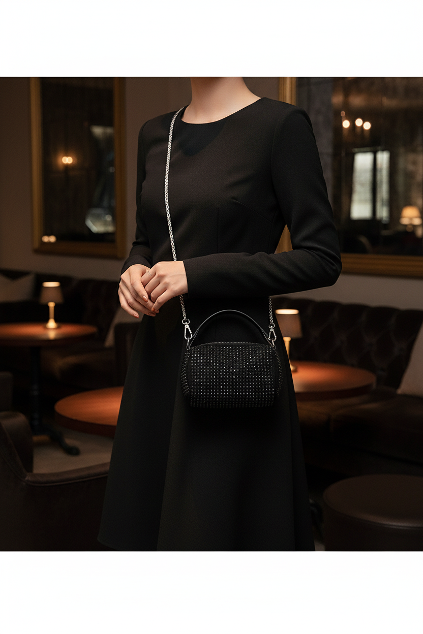Mini black leather rhinestone chain bag