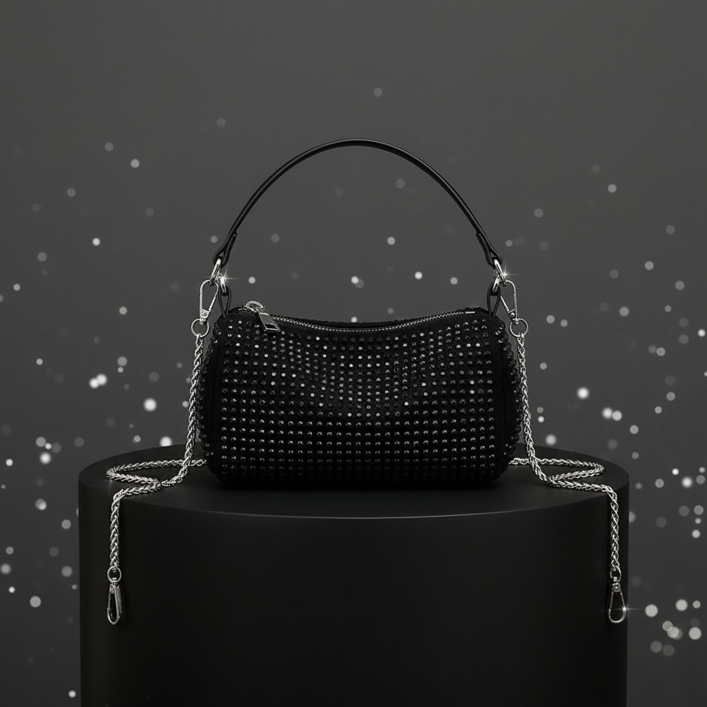 Mini black leather rhinestone chain bag