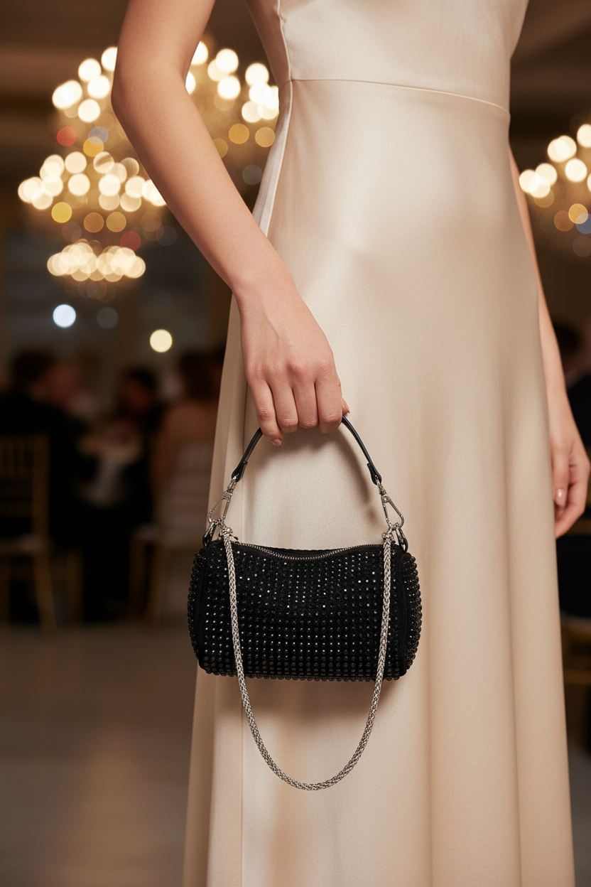 Mini black leather rhinestone chain bag