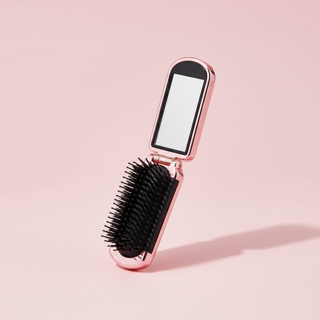 Pink folding comb with mirror – Compact and detangling