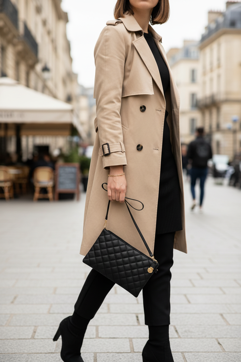 Geometric quilted black leather handbag