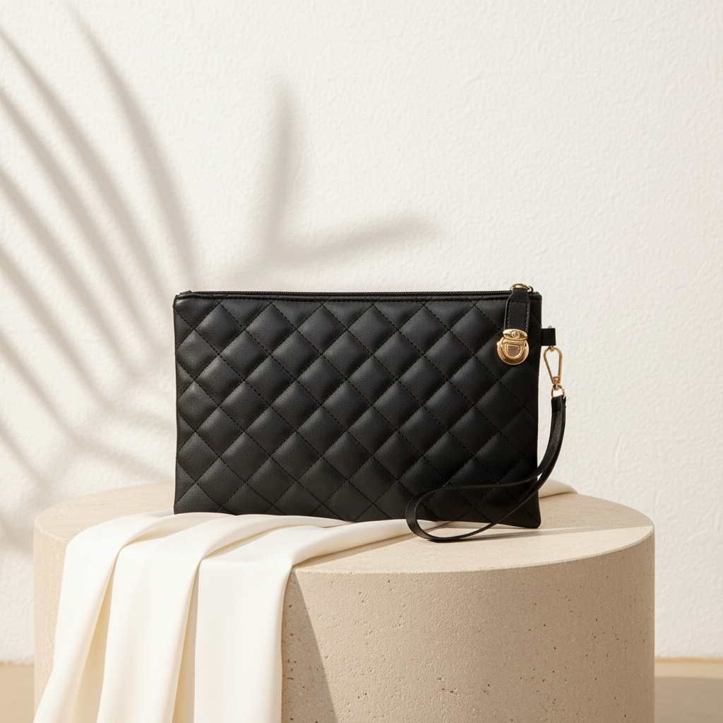 Geometric quilted black leather handbag
