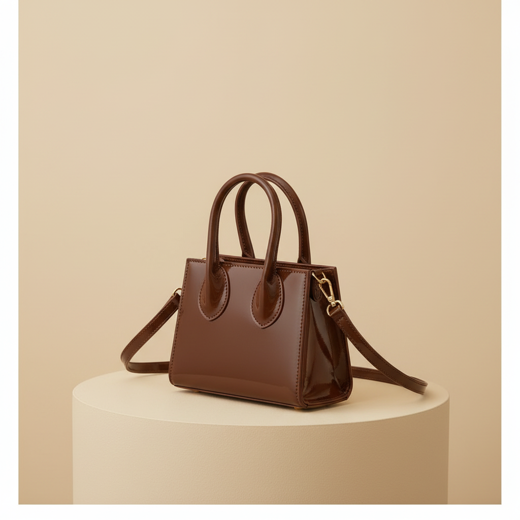 Small brown patent leather handbag
