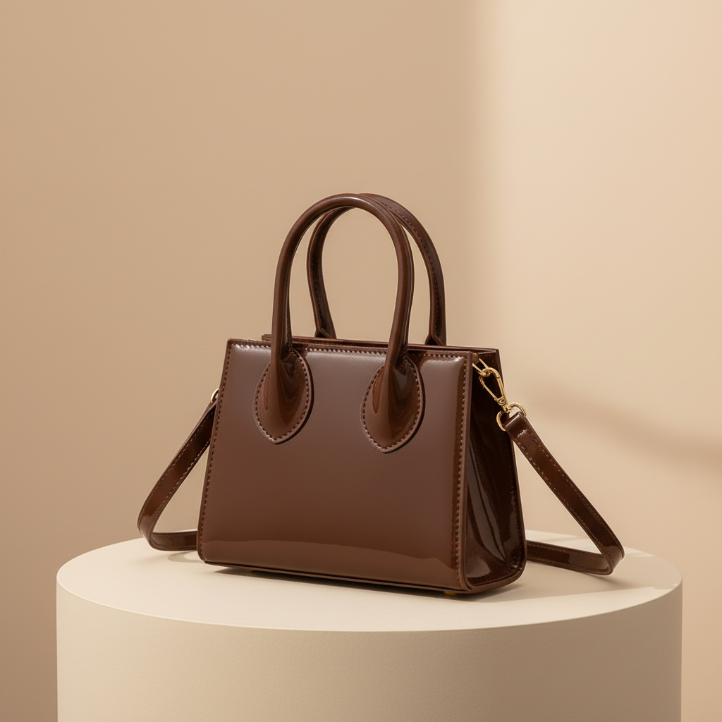 Small brown patent leather handbag