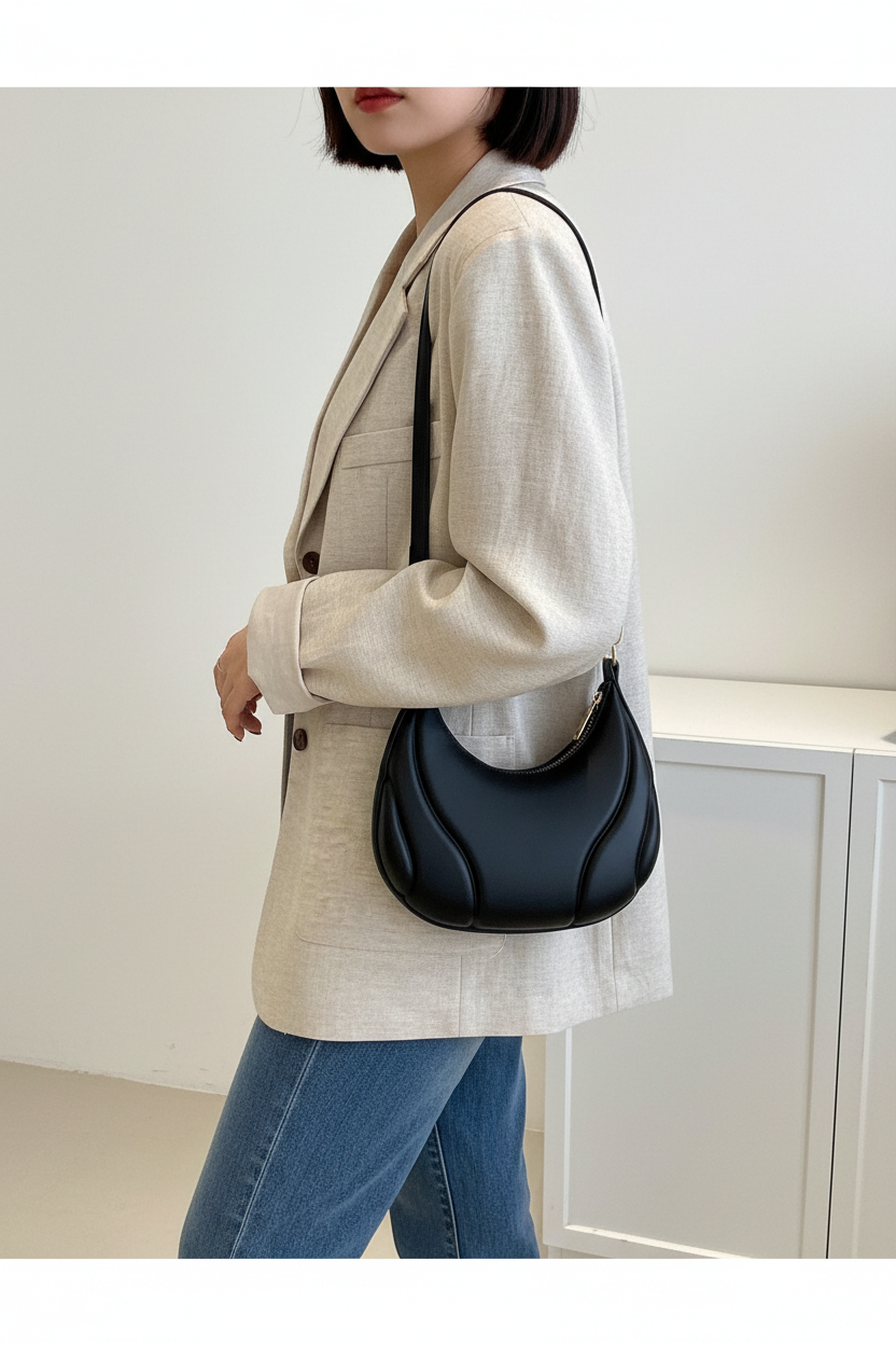 Black rhinestone croissant leather mini bag