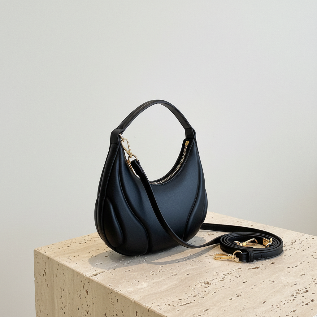 Black rhinestone croissant leather mini bag