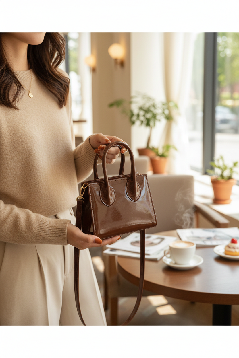 Small brown patent leather handbag