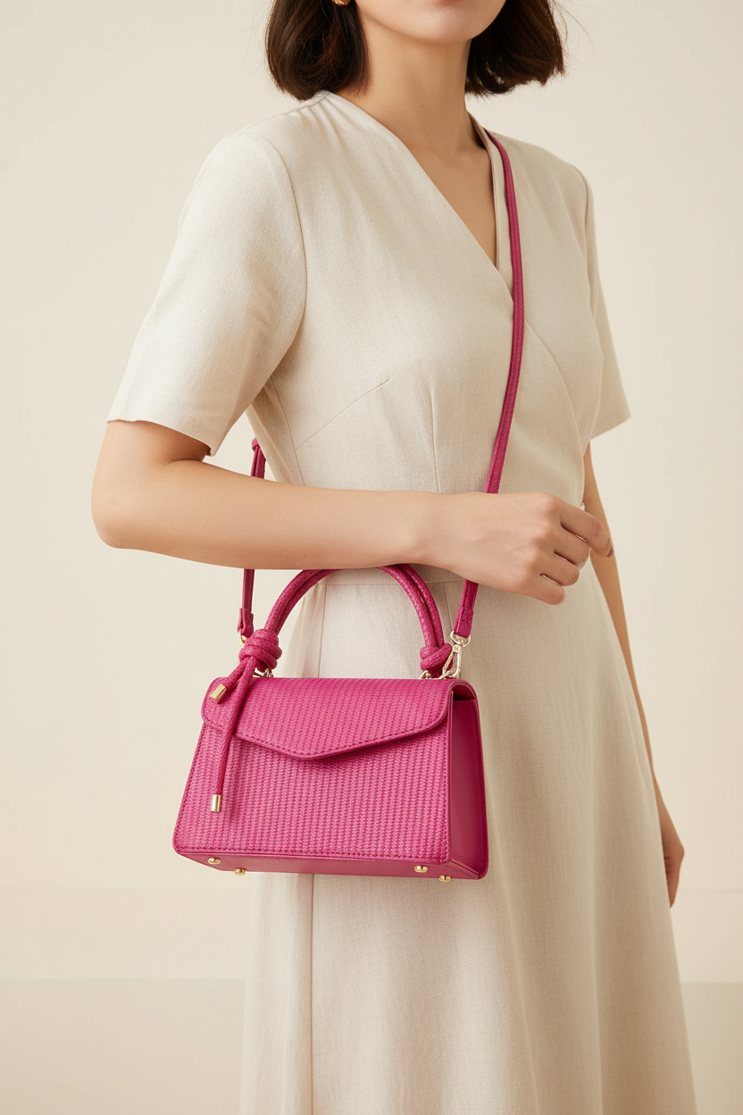 Small fuchsia pink braided leather flap bag