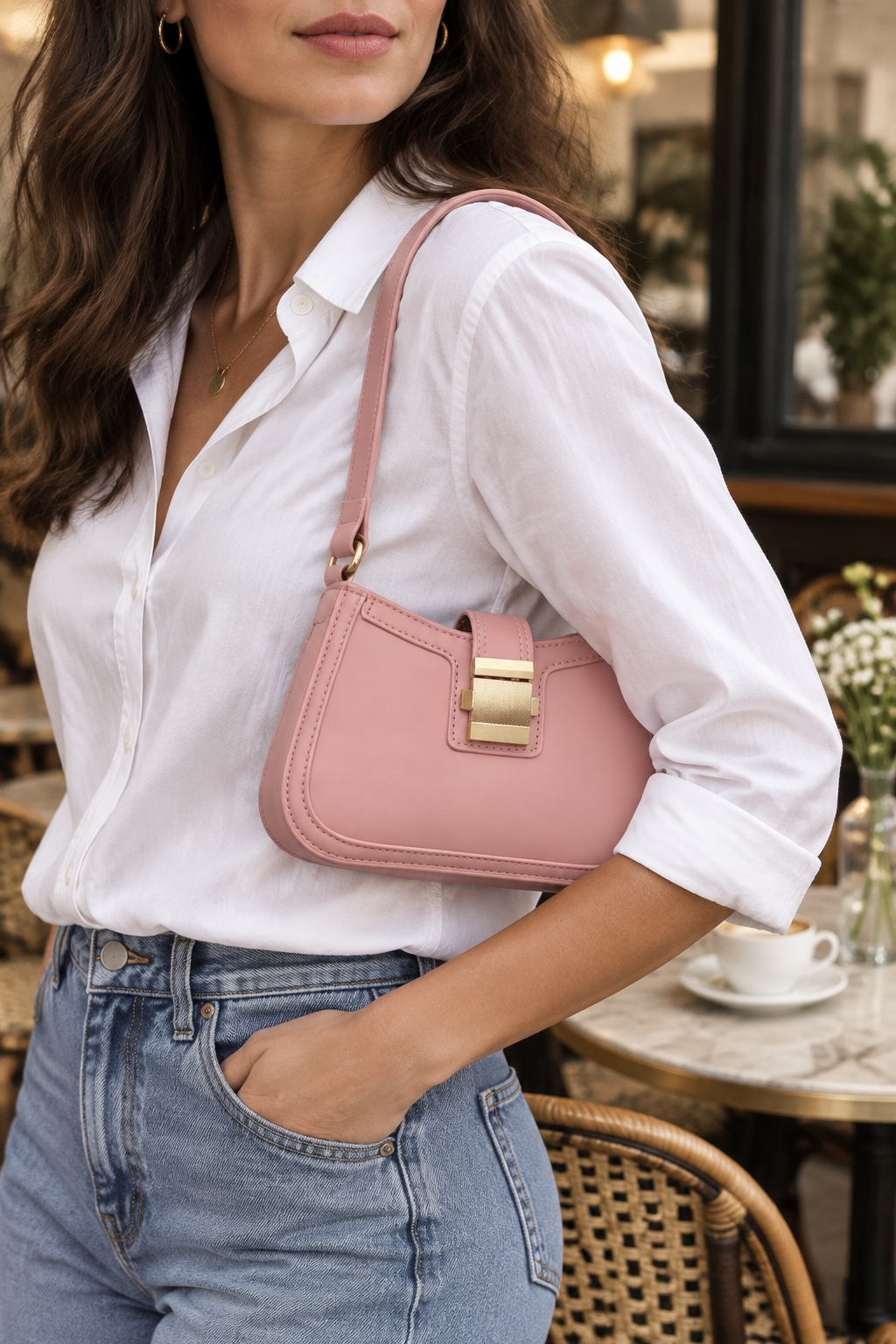 Small Leather-Look Shoulder Bag with Gold Buckle