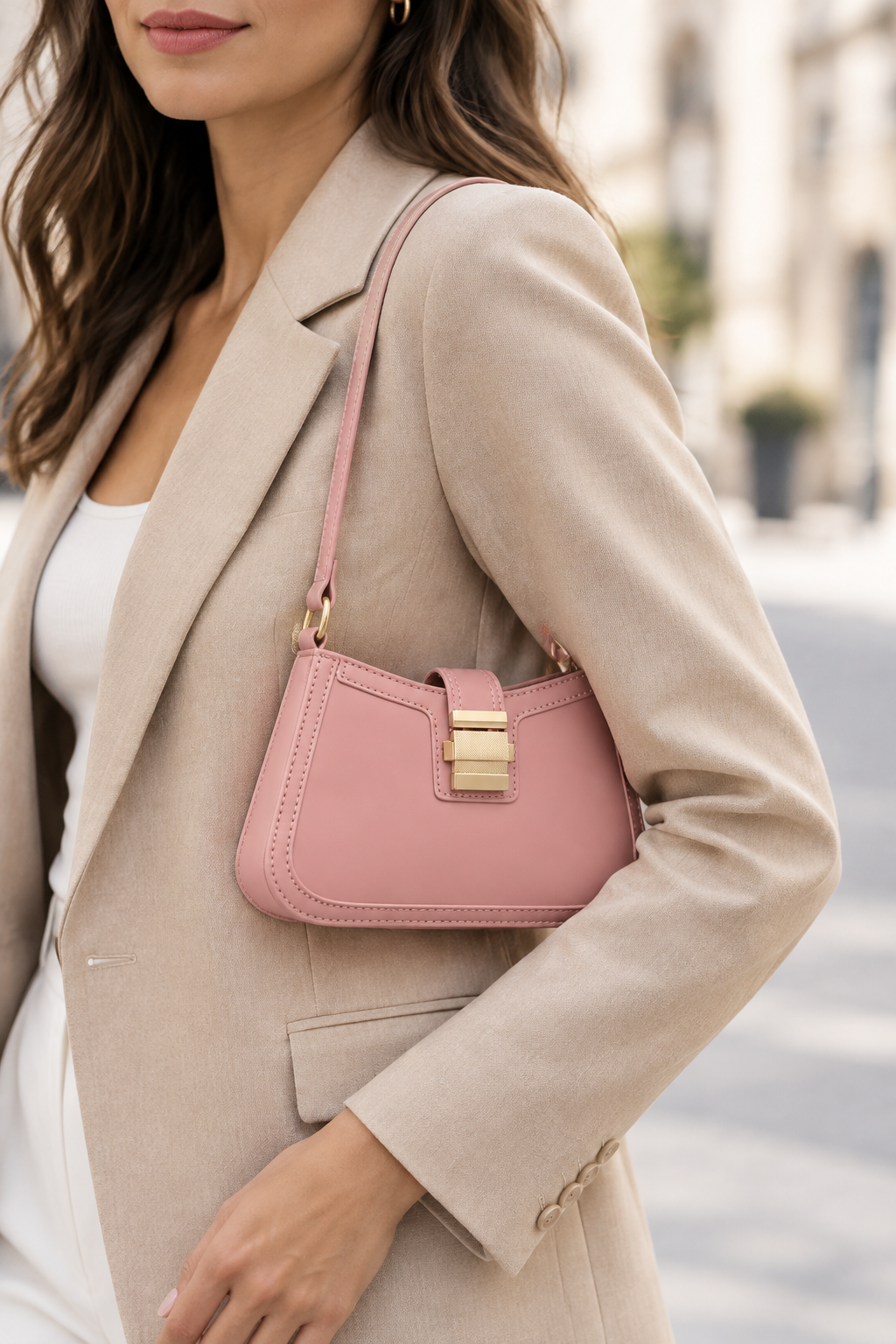 Small Leather-Look Shoulder Bag with Gold Buckle