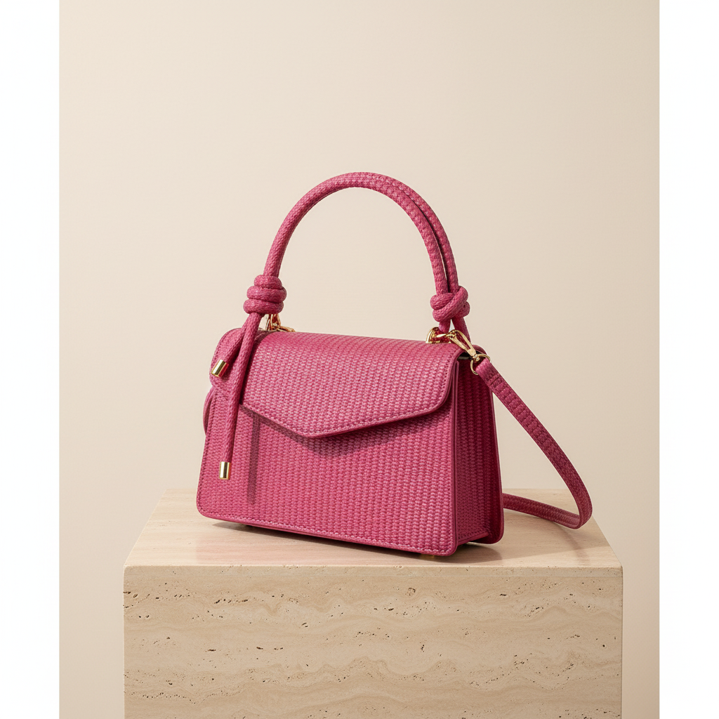 Small fuchsia pink braided leather flap bag