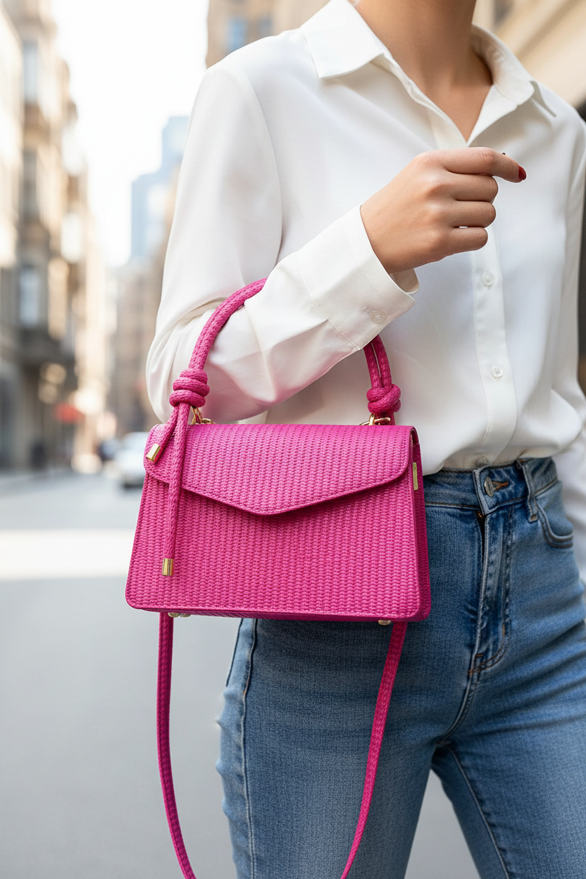Small fuchsia pink braided leather flap bag