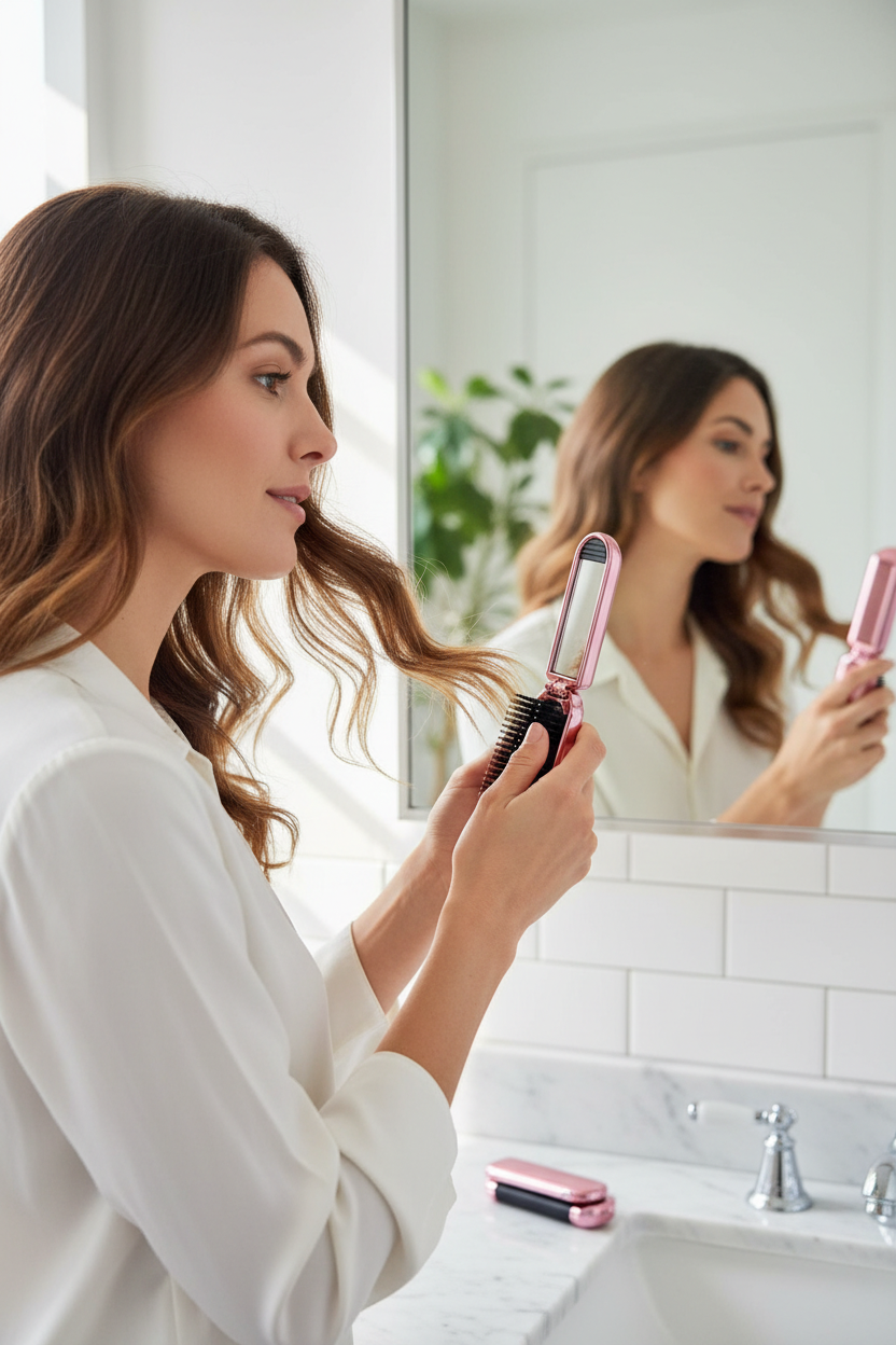 Pink folding comb with mirror – Compact and detangling